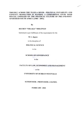 Trouble Across the Tugela River: Political Instability and Conflict Resolution in Mandini. a Comp Aritive Study with Special