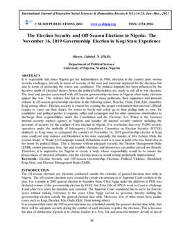 The Election Security and Off-Season Elections in Nigeria: the November 16, 2019 Governorship Election in Kogi State Experience