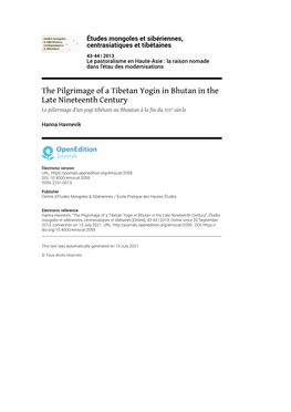 Études Mongoles Et Sibériennes, Centrasiatiques Et Tibétaines, 43-44 | 2013 the Pilgrimage of a Tibetan Yogin in Bhutan in the Late Nineteenth Century 2