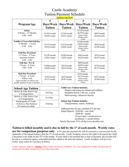 Castle Academy Tuition Payment Schedule