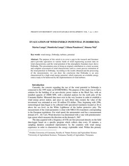 Evaluation of Wind Energy Potential in Dobrudja