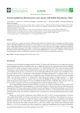 Eutrema Bulbiferum (Brassicaceae), a New Species with Bulbils from Hunan, China