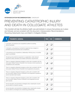 Preventing Catastrophic Injury and Death in Collegiate Athletes