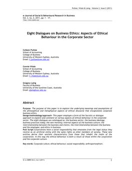 Eight Dialogues on Business Ethics: Aspects of Ethical Behaviour in the Corporate Sector