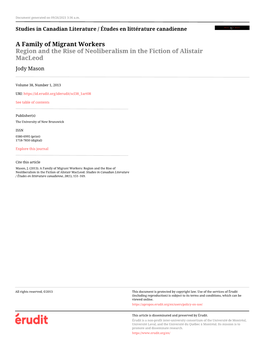 A Family of Migrant Workers: Region and the Rise of Neoliberalism in the Fiction of Alistair Macleod