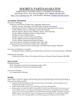 Shobita Parthasarathy Ford School of Public Policy, University of Michigan 4202 Weill Hall; 735 S