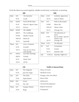 Name Circle the Shows You Watch Regularly, Whether on Television, On