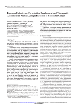 Liposomal Irinotecan: Formulation Development and Therapeutic Assessment in Murine Xenograft Models of Colorectal Cancer