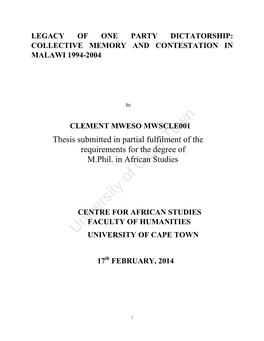 Legacy of One Party Dictatorship: Collective Memory and Contestation in Malawi 1994-2004