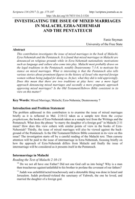 Investigating the Issue of Mixed Marriages in Malachi, Ezra-Nehemiah and the Pentateuch