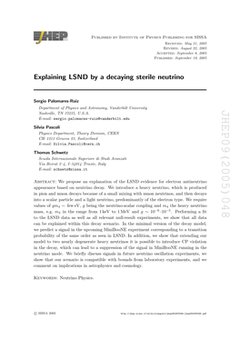 Explaining LSND by a Decaying Sterile Neutrino Sergio Palomares-Ruiz Silvia Pascoli Thomas Schwetz Abstract: Appearance Based on Neutrinoin Decay