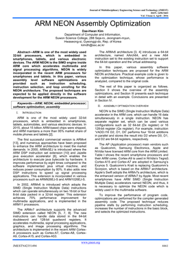 ARM NEON Assembly Optimization Dae-Hwan Kim Department of Computer and Information, Suwon Science College, 288 Seja-Ro, Jeongnam-Myun, Hwaseong-Si, Gyeonggi-Do, Rep