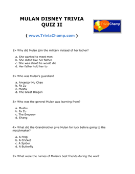 Mulan Disney Trivia Quiz Ii