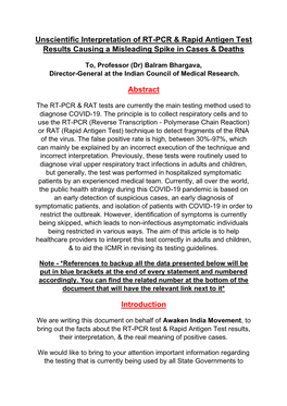 Unscientific Interpretation of RT-PCR & Rapid Antigen Test Results Causing a Misleading Spike in Cases & Deaths Abstract