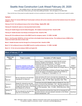 Seattle Area Construction Look Ahead February 20, 2020