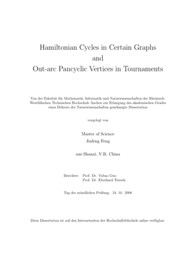 Hamiltonian Cycles in Certain Graphs and Out-Arc Pancyclic Vertices in Tournaments
