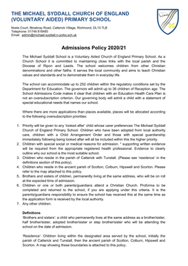 THE MICHAEL SYDDALL CHURCH of ENGLAND (VOLUNTARY AIDED) PRIMARY SCHOOL Admissions Policy 2020/21