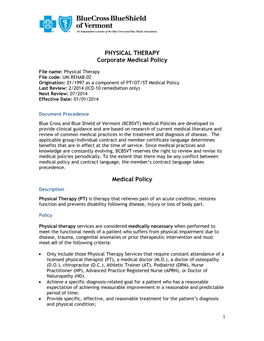 PHYSICAL THERAPY Corporate Medical Policy Medical Policy