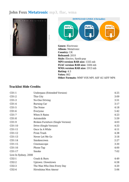 John Foxx Metatronic Mp3, Flac, Wma