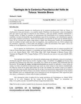 Tipología De La Cerámica Posclásica Del Valle De Toluca: Versión Breve