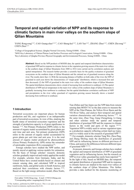 Temporal and Spatial Variation of NPP and Its Response to Climatic Factors in Main River Valleys on the Southern Slope of Qilian Mountains