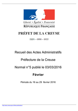 Recueil Des Actes Administratifs Préfecture De La Creuse Normal N°5 Publié Le 03/03/2016 Février