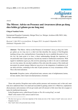 The Mirror: Advice on Presence and Awareness (Dran Pa Dang Shes Bzhin Gyi Gdams Pa Me Long Ma)