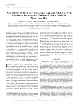 Associations of Birth Size, Gestational Age, and Adult Size with Intellectual Performance: Evidence from a Cohort of Norwegian Men