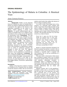 The Epidemiology of Malaria in Colombia: a Heretical View