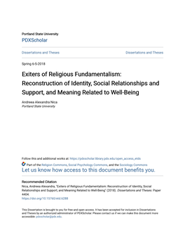 Exiters of Religious Fundamentalism: Reconstruction of Identity, Social Relationships and Support, and Meaning Related to Well-Being