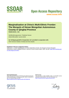 Marginalisation at China's Multi-Ethnic Frontier: the Mongols of Henan Mongolian Autonomous County in Qinghai Province Wallenböck, Ute