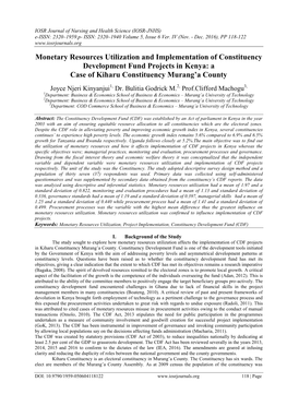 Monetary Resources Utilization and Implementation of Constituency Development Fund Projects in Kenya: a Case of Kiharu Constituency Murang’A County