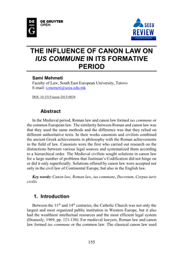 The Influence of Canon Law on Ius Commune in Its Formative Period