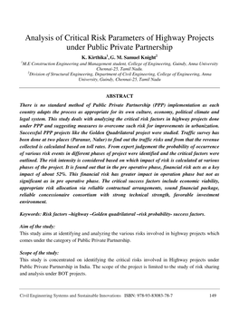 Analysis of Critical Risk Parameters of Highway Projects Under Public Private Partnership 1 2 K