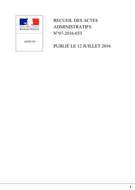 Recueil Des Actes Administratifs N°07-2016-033 Publié Le 12 Juillet 2016