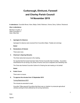 Curborough, Elmhurst, Farewell and Chorley Parish Council 14 November 2019