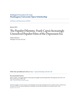 Frank Capra's Increasingly Unresolved Populist Films of the Depression Era Nathan Johnston Washington University in St