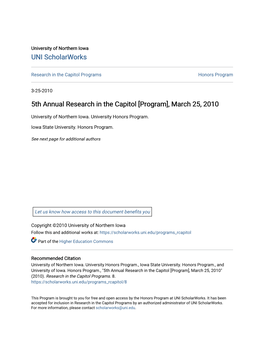 5Th Annual Research in the Capitol [Program], March 25, 2010