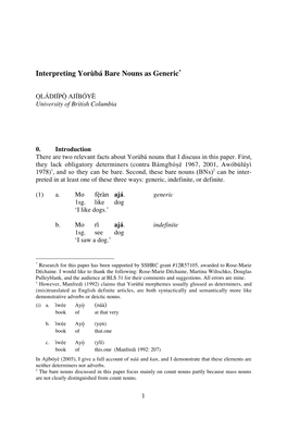 Interpreting Yorùbá Bare Nouns As Generic*