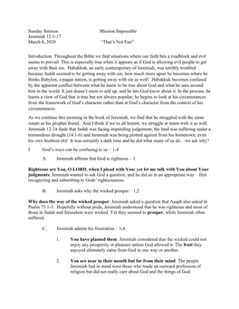 Sunday Sermon Mission Impossible Jeremiah 12:1-17 March 8, 2020 “That’S Not Fair”