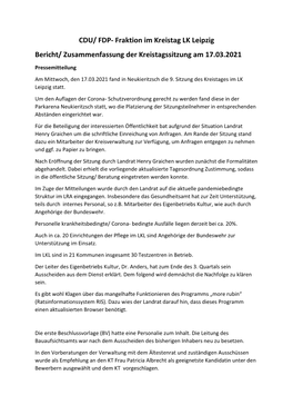 CDU/ FDP- Fraktion Im Kreistag LK Leipzig Bericht/ Zusammenfassung Der Kreistagssitzung Am 17.03.2021