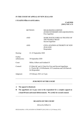 HELILOGGING V CIVIL AVIATION AUTHORITY [2021] NZCA 21 [25 February 2021]