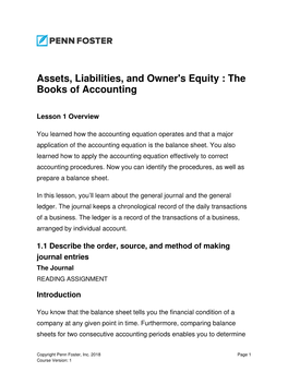 Assets, Liabilities, and Owner's Equity : the Books of Accounting