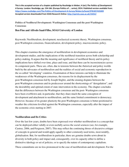 Neoliberalism, Development, Neoclassical Economic Theory, Washington Consensus, Post-Washington Consensus, Financialisation, Development Policy, Macroeconomic Policy