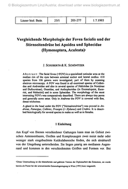 Vergleichende Morphologie Der Fovea Facialis Und Der Stirnseitendrüse Bei Apoidea Und Sphecidae (Hymenoptera, Aculeata)1