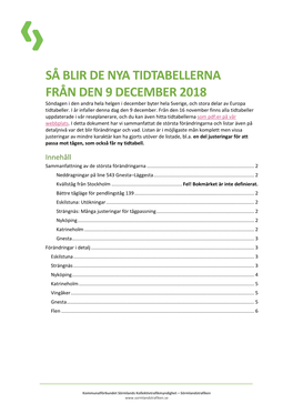 SÅ BLIR DE NYA TIDTABELLERNA FRÅN DEN 9 DECEMBER 2018 Söndagen I Den Andra Hela Helgen I December Byter Hela Sverige, Och Stora Delar Av Europa Tidtabeller