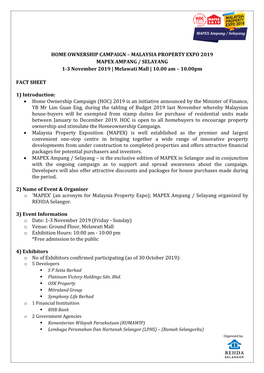 MALAYSIA PROPERTY EXPO 2019 MAPEX AMPANG / SELAYANG 1-3 November 2019 | Melawati Mall | 10.00 Am – 10.00Pm