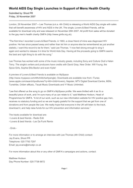 World AIDS Day Single Launches in Support of Mens Health Charity Submitted By: Shoot PR Friday, 30 November 2007