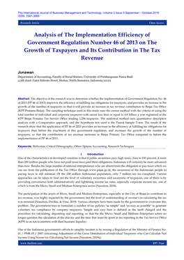 Analysis of the Implementation Efficiency of Government Regulation Number 46 of 2013 on the Growth of Taxpayers and Its Contribution in the Tax Revenue