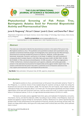 Phytochemical Screening of Fish Poison Tree, Barringtonia Asiatica Seed for Potential Biopesticidal Activity and Pharmaceutical Uses